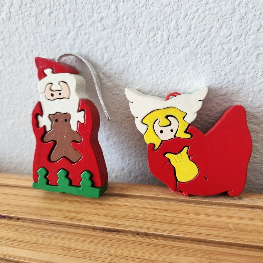 Vintage Lot of 2‎ Wood Jigsaw Puzzle Christmas Ornaments Santa Claus Angel